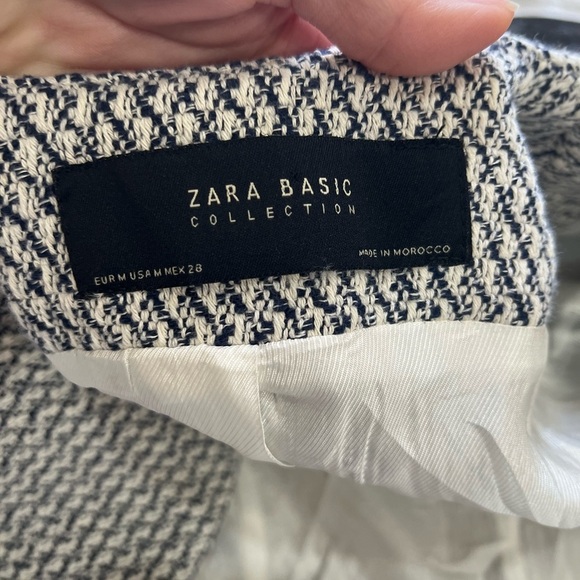 ZARA NAVY & ECRU LONG JACQUARD BLAZER JACKET WITH ZIPPED POCKETS SZ M CAREER EUC - Picture 8 of 16
